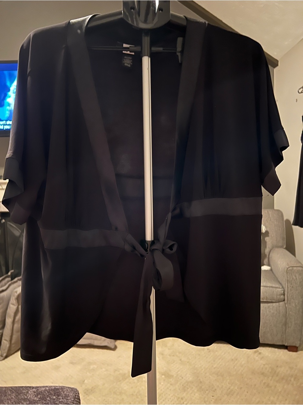 Elegant Black Satin Tie-Front short sleeve cover up by Studio 1940, Sz 22-24w